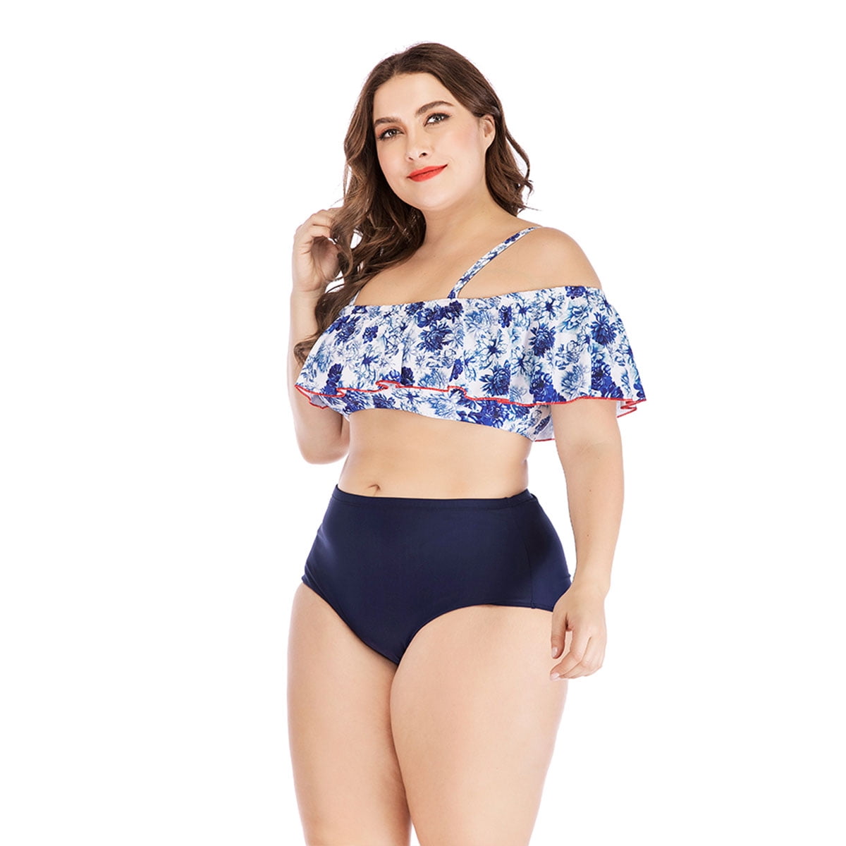 Womens Plus Size Swimwear Two Piece High Waisted Bathing Suits Sets Ruffle Off Shoulder Printed Bikini Monokini