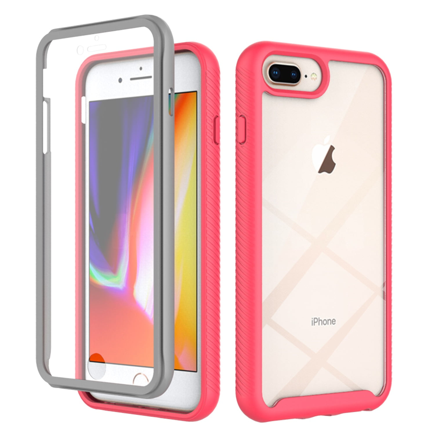 iPhone 8 Plus Case, iPhone 7 Plus Case Clear, Build-in Screen Protector Shockproof Protective Rugged Anti-Scratch Anti-Yellow Slim Fit Shell Case Cover for Apple iPhone 8 Plus/7 Plus-Pink