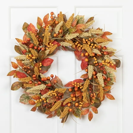 Northlight Autumn Leaves, Grass Blades and Berries Artificial Fall Harvest Wreath - 24"