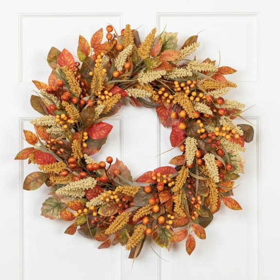 Northlight Autumn Leaves, Grass Blades and Berries Artificial Fall Harvest Wreath - 24"