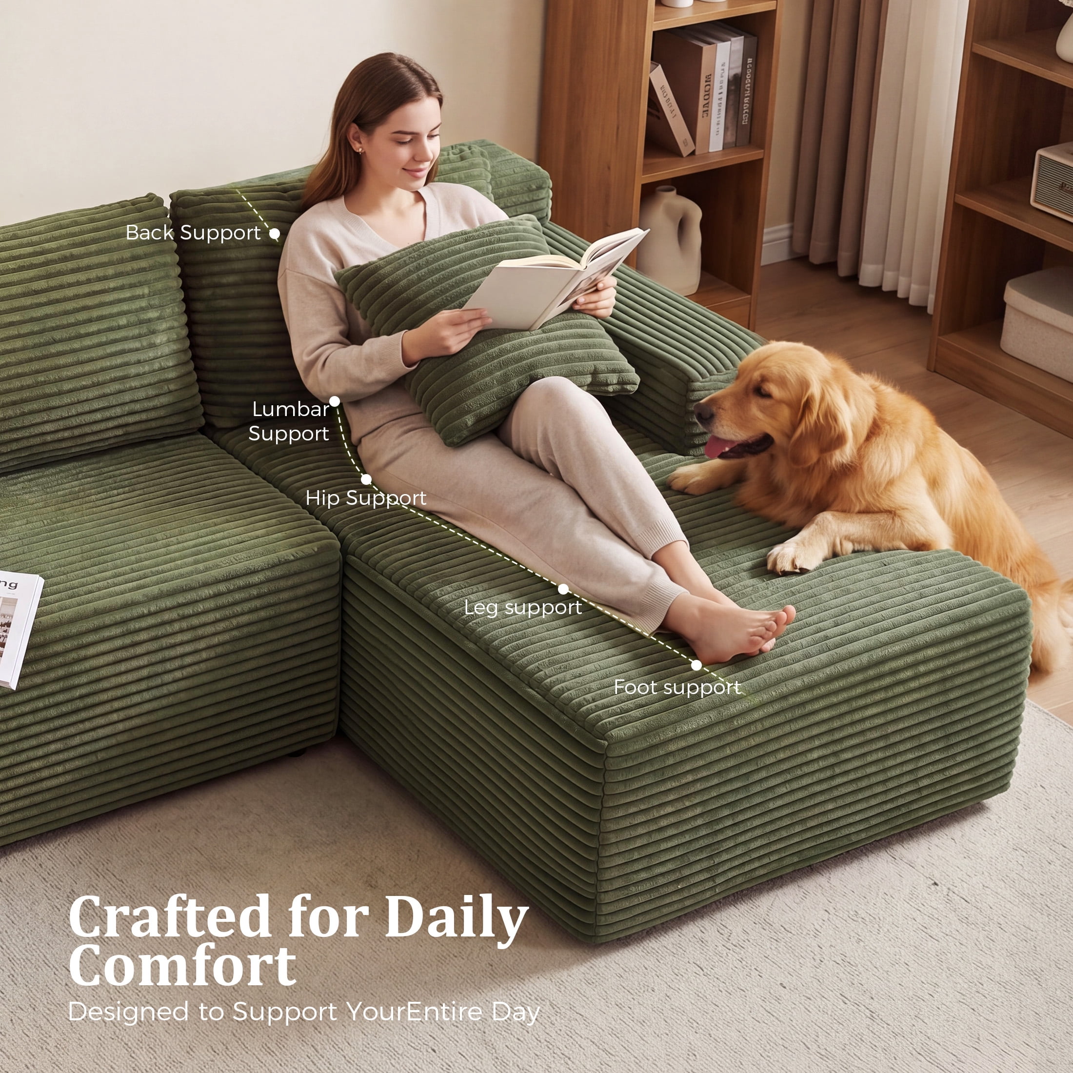 Aenkyo 95 Inch Corduroy L-Shaped Modular Sectional Sofa, Right Chaise, Green