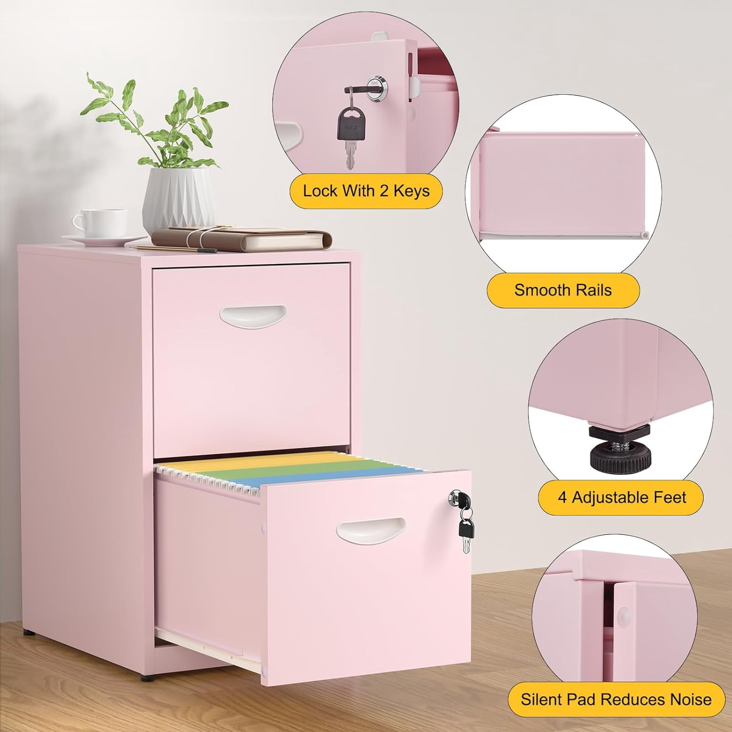 2 Drawer File Cabinet with Lock,Pink Metal Office Drawers Filing Cabinets for Home Office, Two Drawer Under Desk File Cabinet for Hanging Letter,Easy Assemble