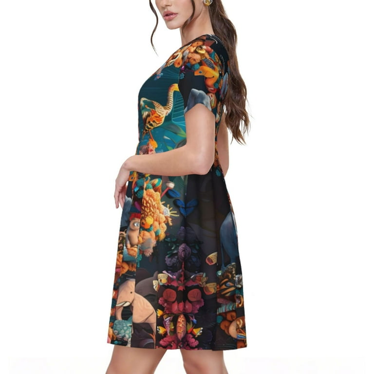 Rocae Whimsical Animal Spiral for Dresses Summer Casual Ruffle Short Sleeve  Cute Crew Neck Flowy Dress with Pockets - Walmart.com