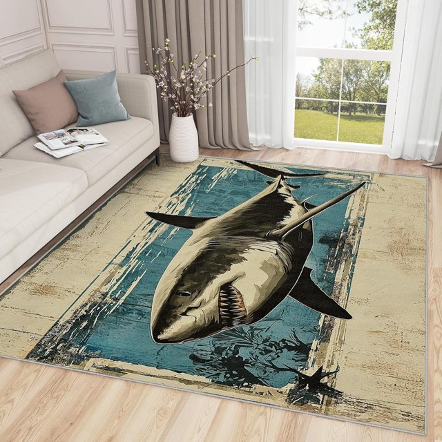 Shark Rugs for Bedroom - Shark Rug, 3x5 Rug, Rustic Ocean Animal Area Rug, Underwater Washable Non Slip Rugs, Vintage Sea Animal Carpet - Home Decor, Shark Gifts for Men
