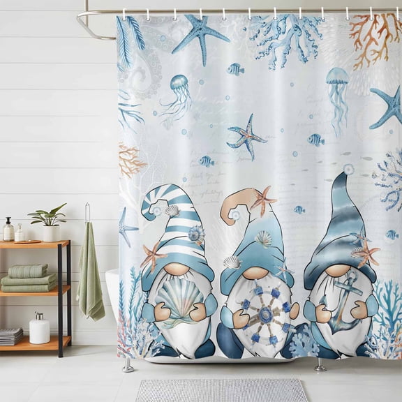Shower Curtain Waterproof for Bathroom 72x72 Inch, Ocean Gnome Bath Curtain for Bath Stalls and Tub Blue Nautical Coral Starfish Shell Decorative Shower Curtains with Hooks
