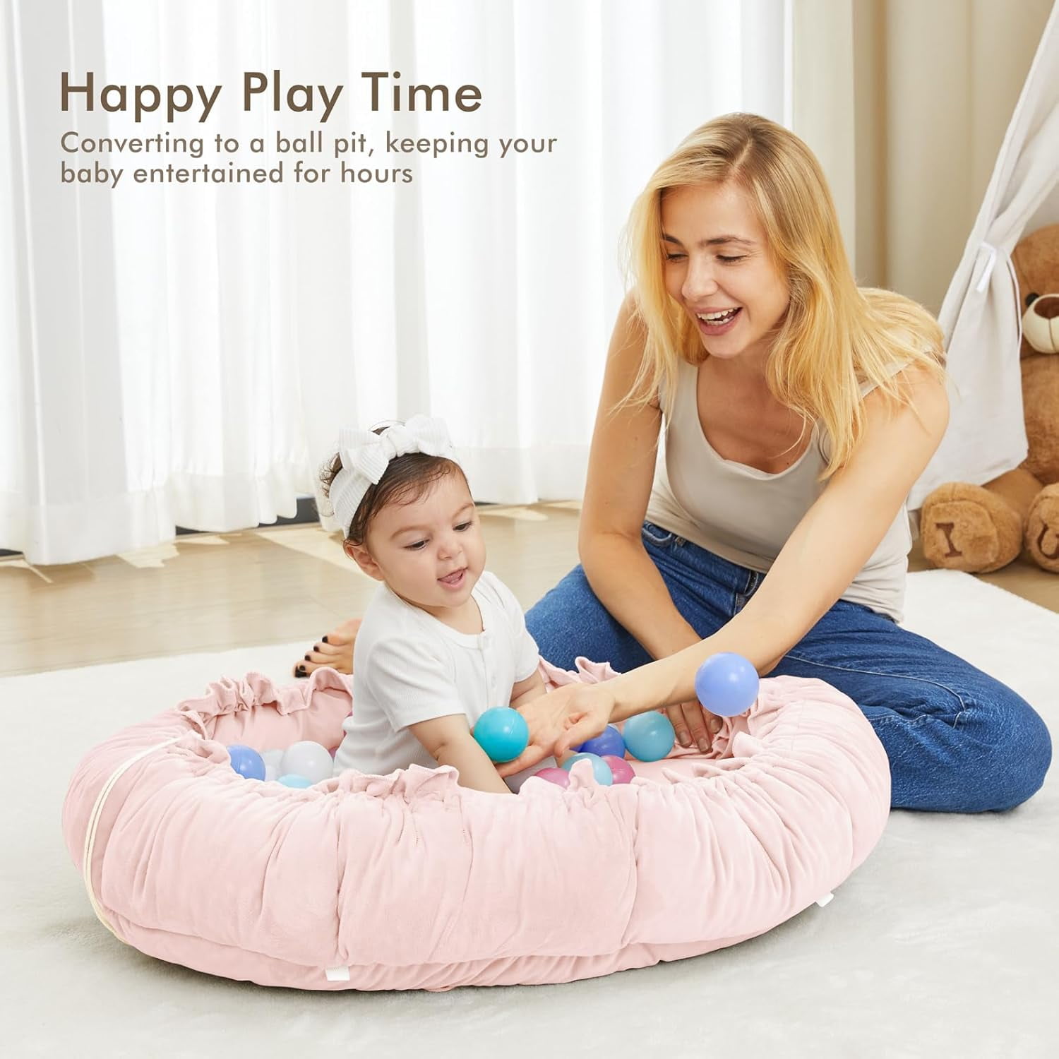 5 in 1   Gym Mat, Reversible Tummy  Mat with 5 Sensory Toys for Stage-Based Developmental, Thick & Large  Activity Center from Newborn to Toddler (Pink)
