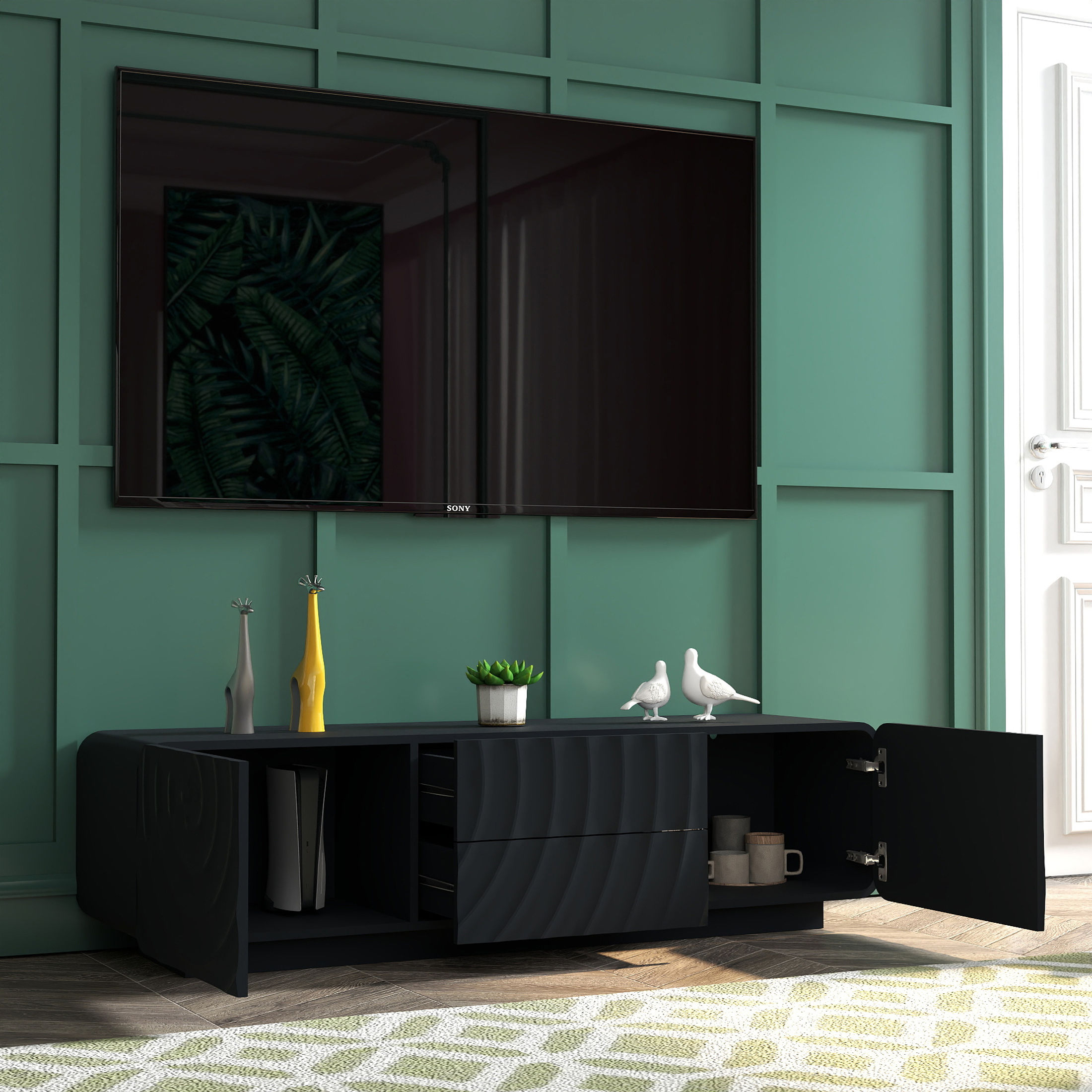 Noble House Mavor 58" Modern TV Stand Console with Storage Drawers, Spiral Wave Pattern Cabinet for Living Room, Black