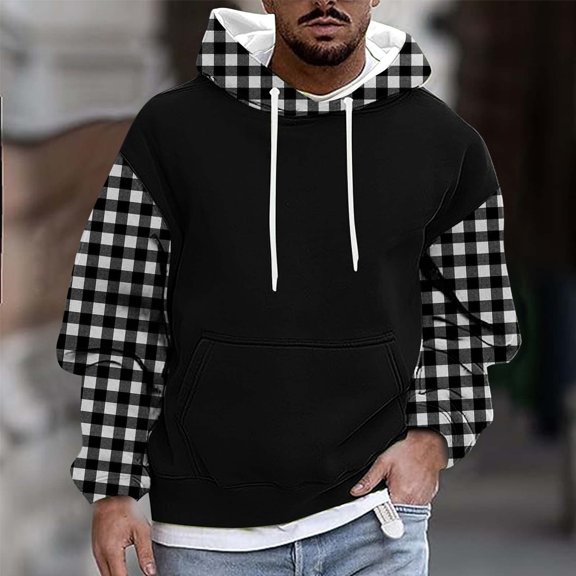 Men's Fleece Lined Hoodie Casual Plaid Long Sleeve Winter Warm Drop Shoulder Pullover Hooded Sweatshirt