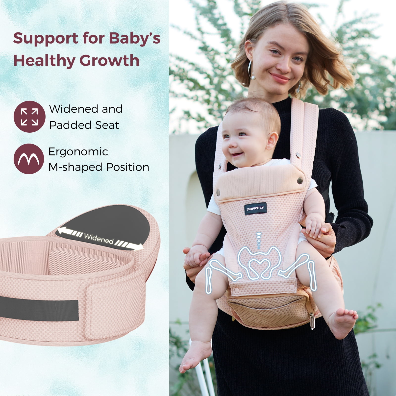 Momcozy Baby Carrier with Hip Seat, 2-in-1 Detachable Infant Hip Seat Carrier for Toddlers up to 44lbs. Breathable for Hands-Free Carrying. Fits Waist Sizes up to 47 Inches for Mom & Dad