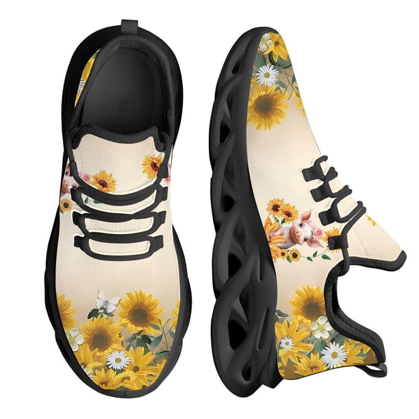 Zapatillas de deporte de malla de moda con diseño de cerdo y girasol, zapatos casuales con cordones, zapatos para correr ligeros y transpirables, zapatos populares