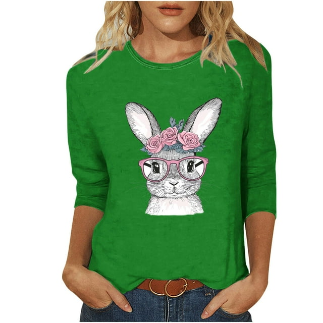 LMKIHUSA T-Shirt de Pâques pour Femmes, Hauts à Imprimé d'Oeufs de Pâques, Manches 3/4, T-Shirt Ample, Chemises d'Été Décontractées et Chic, Col Rond, Tunique de Festival, T-Shirts Verts, TG