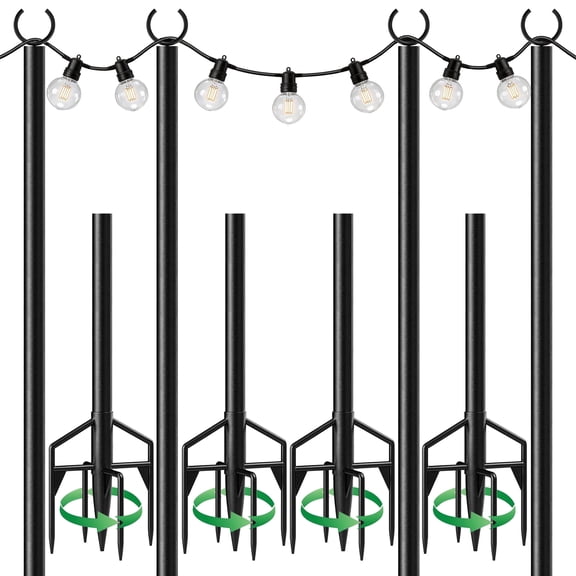 String Light Poles 4 Pack, Heavy Duty Outdoor Light Poles with Upgraded 5-Prong Base, Anti-Bending Stable Design for Backyard Patio Garden Wedding Party Decoration.