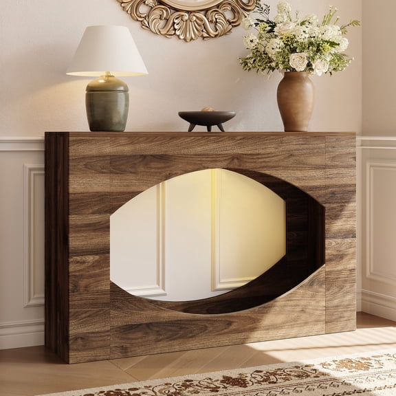 47 Inches Console Table with LED Lights, Farmhouse Entryway Table with Open Storage, Modern Wood Couch Table Behind Sofa for Living Room, Hallway, Foyer,Brown