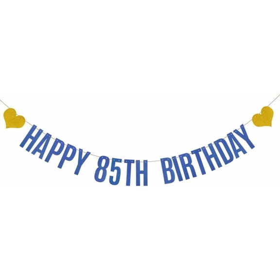Happy 85th Birthday Banner, Pre-Strung,Blue Glitter Paper Garlands Banner for 85th Birthday Party Decorations Supplies, Letters Blue