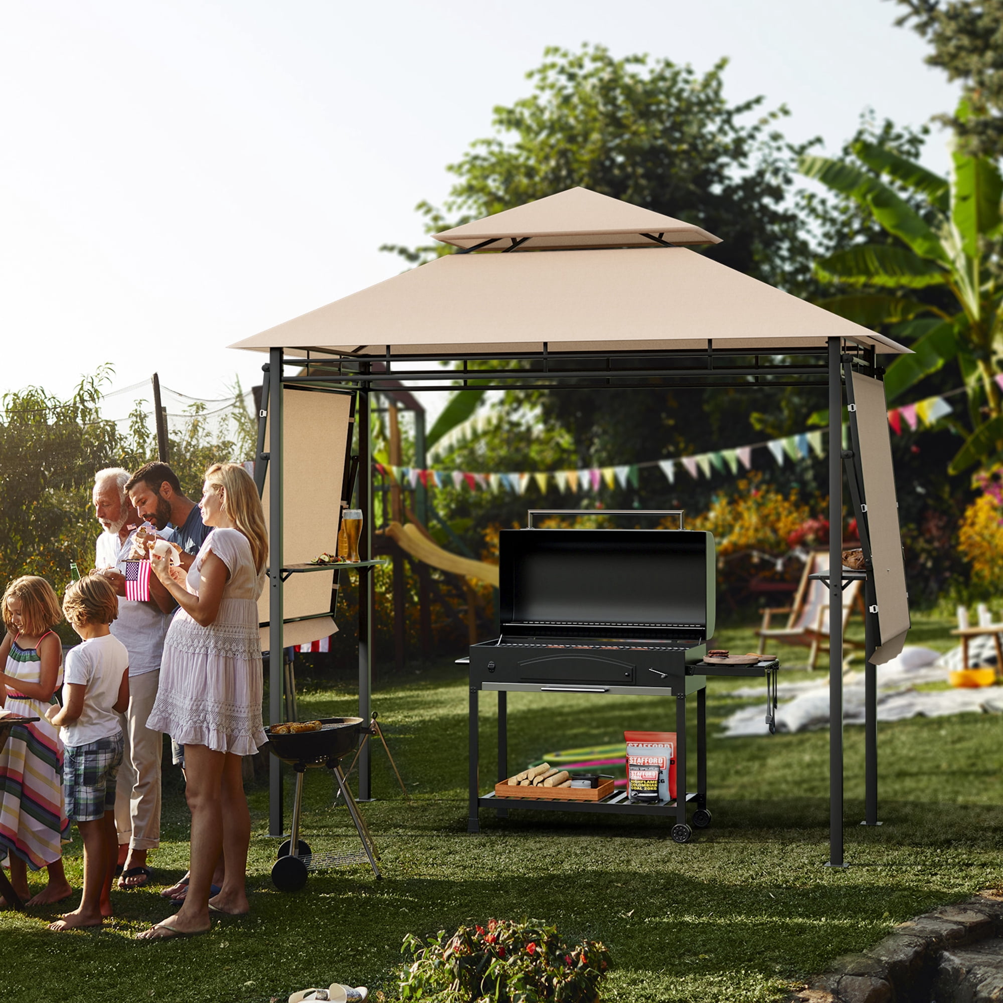 Gymax 13.5' x 4' Patio BBQ Grill Gazebo Side Awnings Shelves 2-Tier Canopy Outdoor