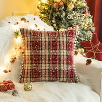 Peacheart Vintage Christmas Throw Pillow Cover Red and Yellow Plaid Snowflake Cushion Case with Tassel for Sofa Couch Winter Holiday Farmhouse Home Living Room Decor, 18x18 Inch