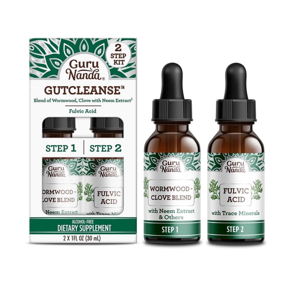 GuruNanda Gutcleanse 2-Step Kit - Dietary Supplement to Help with Digestion - Blend of Fulvic Acid, Wormwood, Clove & Neem Extract, 2x1 fl oz