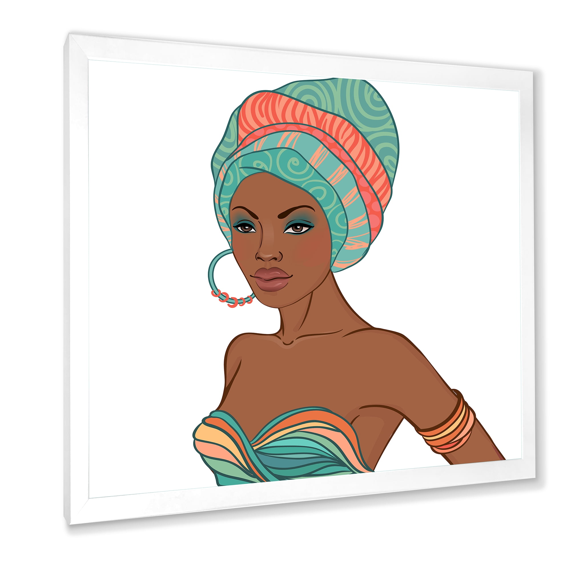 African American Woman With Turban and Earring 36 in x 36 in Framed Painting Canvas Art Print, by Designart