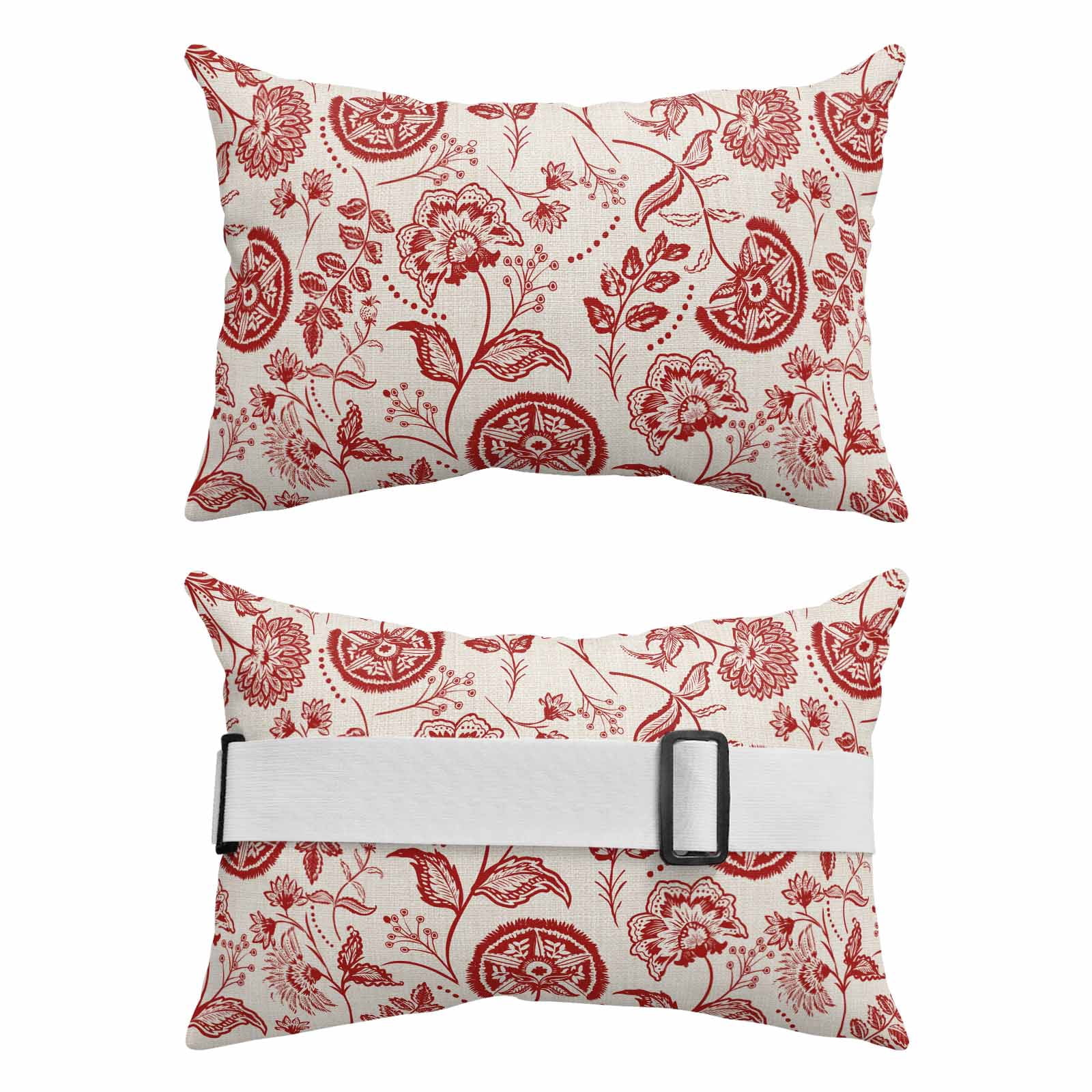 Farmhouse Red Floral Outdoor Chaise Lounge Pillows Linen Boho Flower Rustic Country Lumbar Pillows with Insert Adjustable Elastic Strap Headrest Pillow for Recliner Patio Chair 2 Pack 12x20 Inch