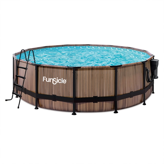 Funsicle 16ft x 48in Round Oasis Designer Above Ground Pool, Natural Teak with SkimmerPlus Filter Pump, Age 6 & up