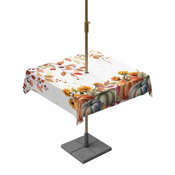 Outdoor Tablecloth with Umbrella Hole and Zipper, Vintage Pumpkins Fall Square Table Cloth 54x54 Inch Waterproof Tablecloth, Thanksgiving Eucalyptus Leaves Falling Picnic Table Cover for Patio