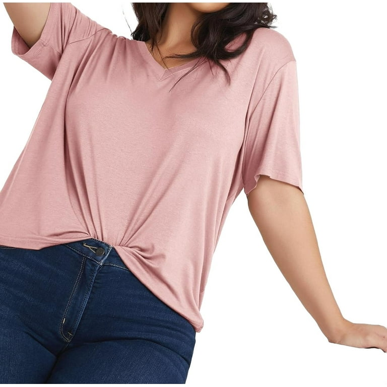 Womens Plus Size T shirts Casual Plain V neck Dusty Pink 0XL