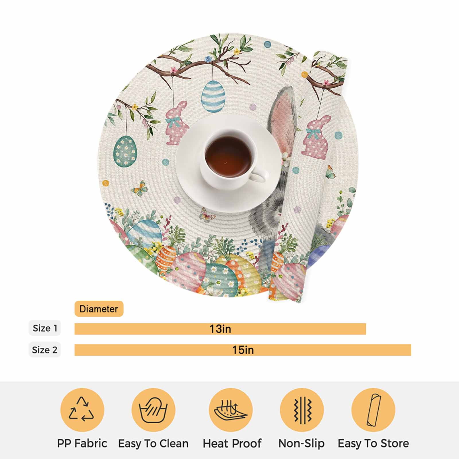 Round Woven Placemats set of 8, Eggs Bunny Easter Tree Washable&Heat Resistant Plastic Wipeable Placemats for Round Table Spring Floral Kitchen Dining Table Decor, 15in, Beige