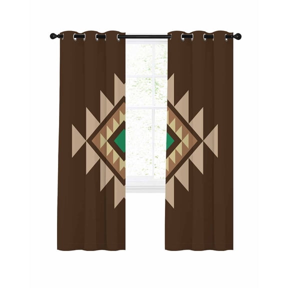 Brown Green Boho Blackout Curtains, Light Blocking Print Window Curtains, Vintage Southwest Abstract Geometric Thermal Insulated Window Drapes for Living Room Kitchen Cafe 2 Panels, 104"W x 63"L