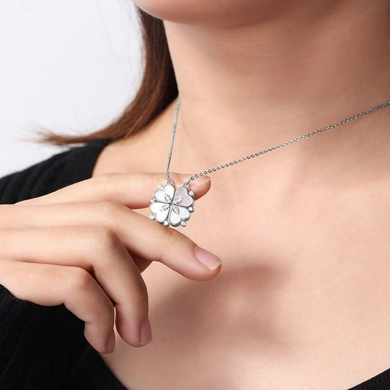 4 Leaf Clover Heart Pendant Necklace for Women Magnetic Sterling Silver Ginger Lyne Collection - White Gold