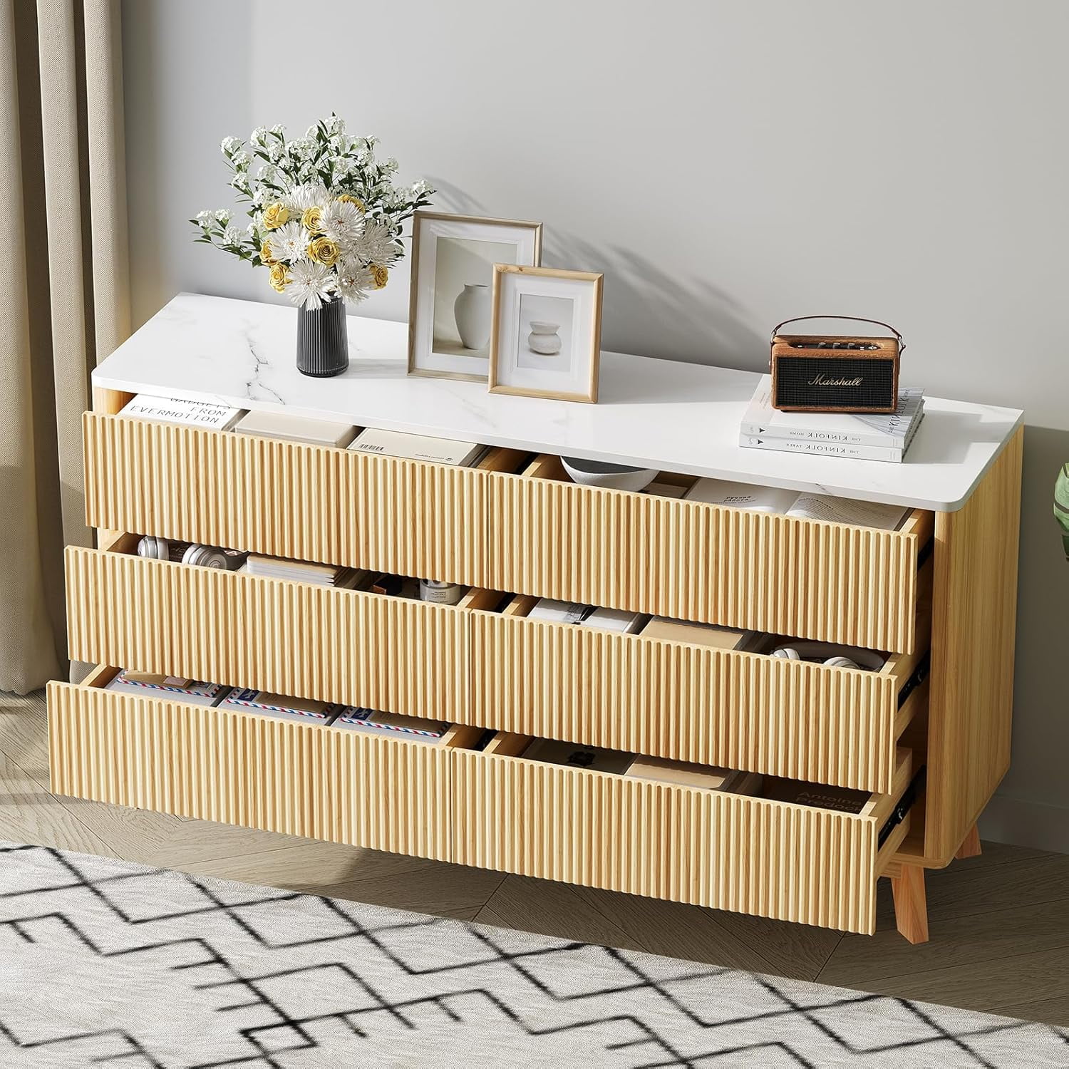 Selooye 6 Drawers Dresser for Bedroom, 52" Wide Handleless Chest of Drawers with Faux Marble Top, Wooden Dresser TV Stand, Wood Drawer Organizer for Living Room, Hallway, Natural Oak
