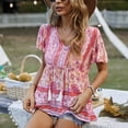 thumbnail image 2 of Mujer Estampado floral Cuello en V Camisa Botón Correa delantera Cuello Manga con volantes Verano Casual Suelto Top Rosa XL, 2 of 6