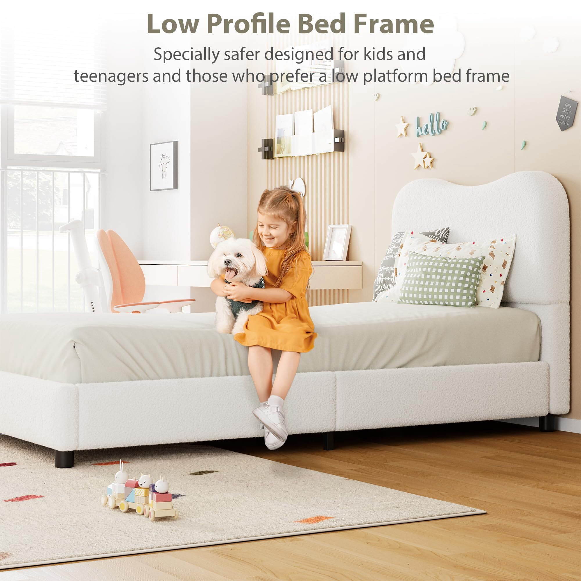 Jojoka Modern Queen Bed Frame Upholstered in Soft Boucle Fabric, Sturdy Wooden Slats, No Gap Headboard, Easy Assembly, No Box Spring Needed, Beige