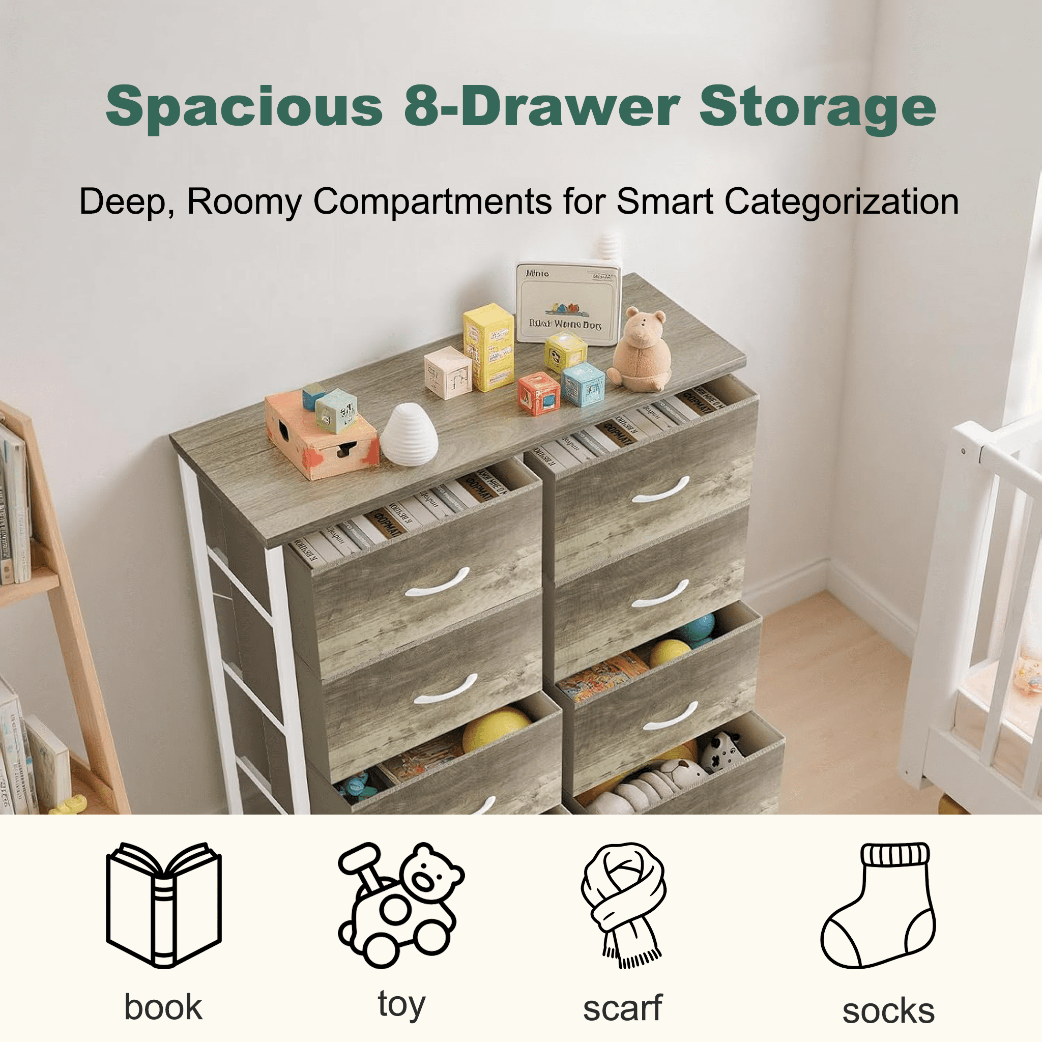 Aidoly 8-Drawer Wide Fabric Storage Dresser with Wooden Top - Space-Saving Bedroom & Closet Organizer, Greige Oak