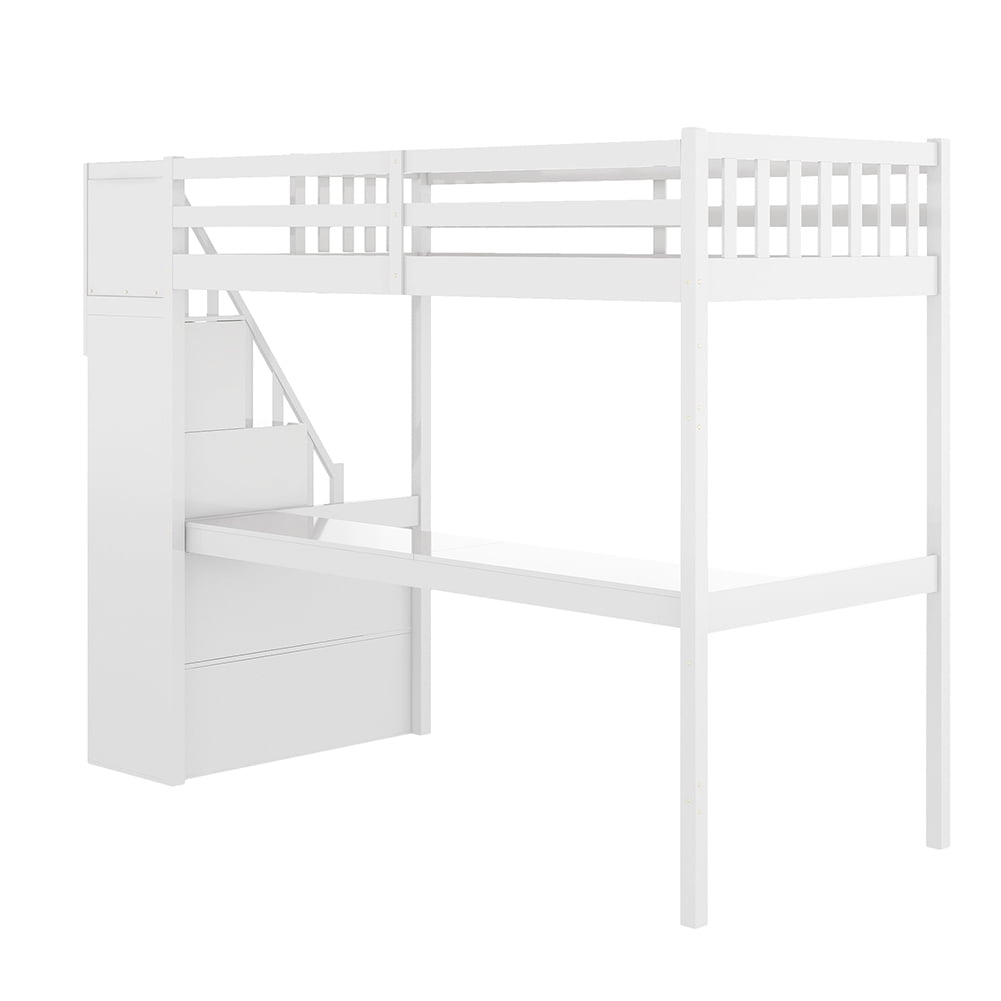 Kadyn Wooden Loft Bed with Storage Stairs, Under-bed Desk and Gaming Area, Twin, White Kadyn Wooden Loft Bed with Storage Stairs, Under-bed Desk and Gaming Area, Twin, White