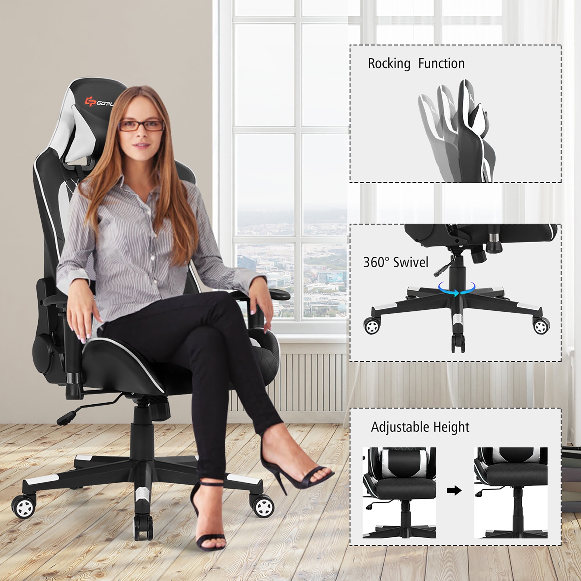 Goplus Massage Gaming Chair Reclining Racing Chair w/Lumbar Support and Headrest White