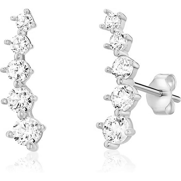 Solid 14k Gold Graduated Crawler Curved Bar Climber Five Stone Stud Earrings