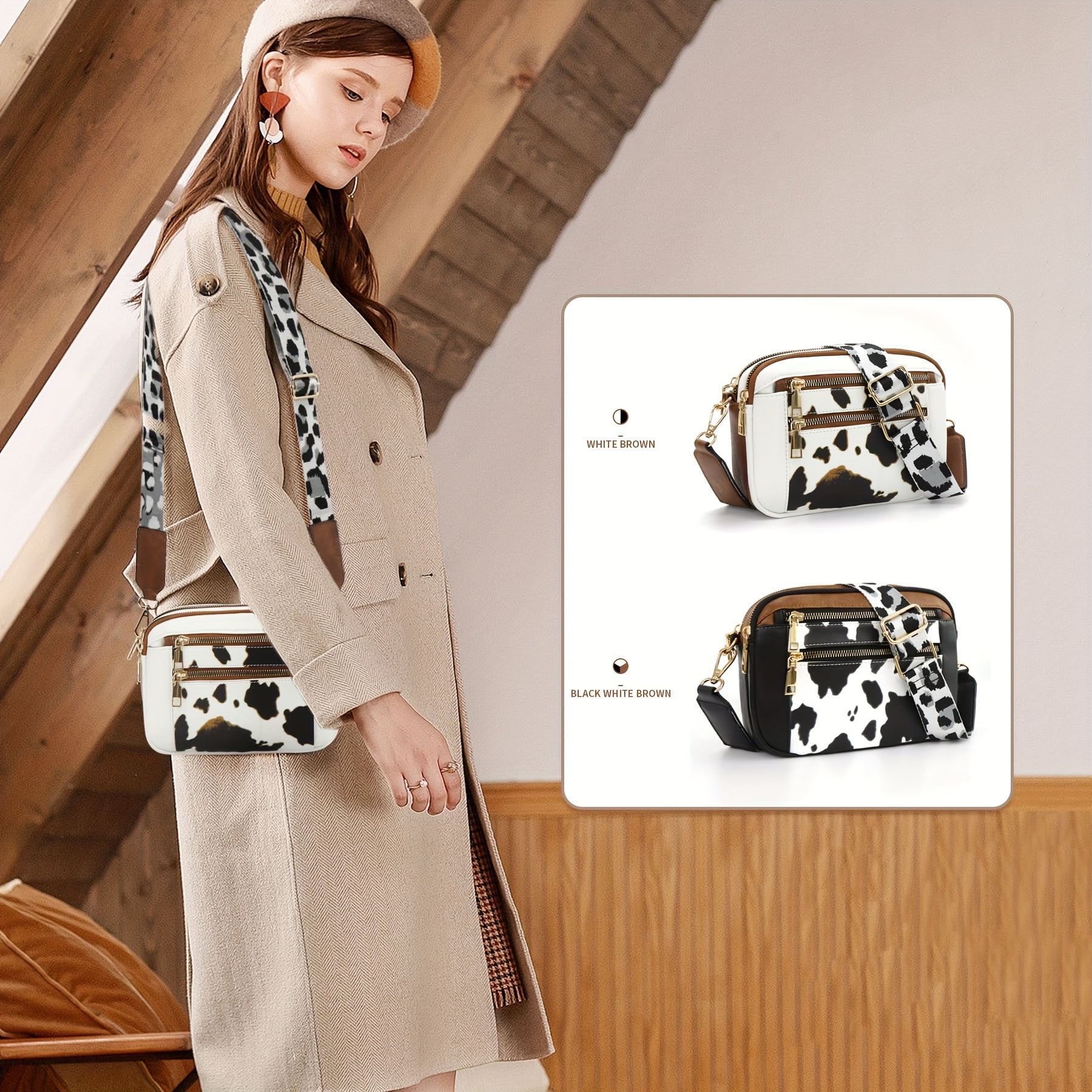 SPEKSEE Women's Casual Cow Print Crossbody Purse - Adjustable Wide Shoulder Strap, Lightweight, Zipper Closure, Square Wallet, Vegan PU Material, Casual Accessory| Adjustable Strap Bag
