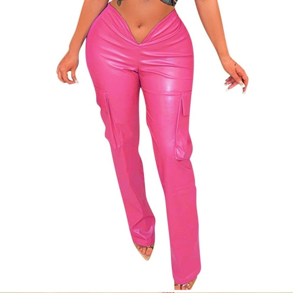 Savings Women's Vintage Low Waisted Faux PU Leather Pants Slim Fit Pockets Club Party Retro Long Pants Hot Pink,XL