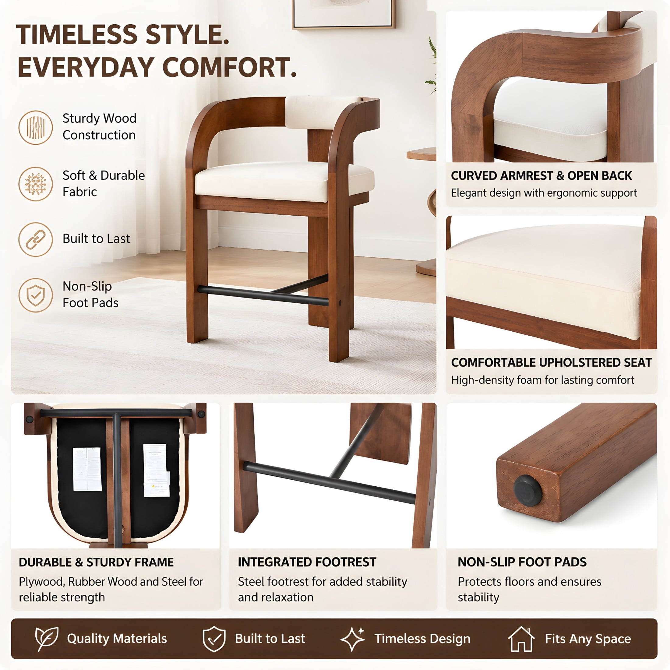 Christopher Knight Home Modern Wood Curved Counter Stools with Beige Upholstery, Dark Brown, Set of 4