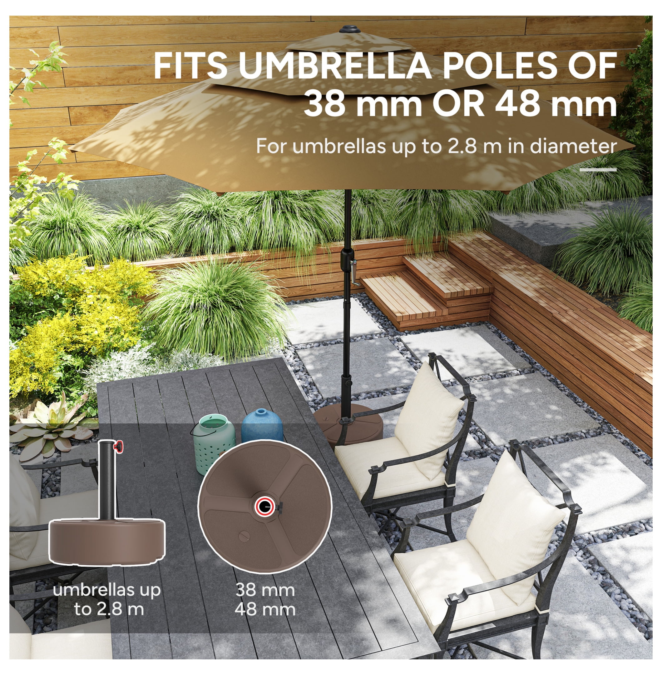 Round Patio Umbrella Base Holder, Heavy Duty Outdoor Umbrella Stand Base, Filled Up to 44lbs with Stand or 40lbs with Water for Garden, Poolside, Brown