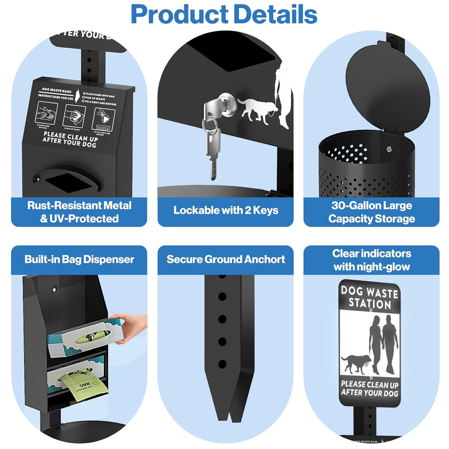 POCHAR Aluminum Rustproof Dog Waste Disposal Station for Pet Parks - 10 Gallon Outdoor Pet Poop Disposal Bin with Reflective Sign & Lid - Included 600 Pet Waste Bags (Black)