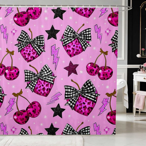 Erosebridal Pastel Satin Bow Ribbon Shower Curtain 72Wx72L for Girls, Romantic Floral Print Waterproof Bathroom Curtain
