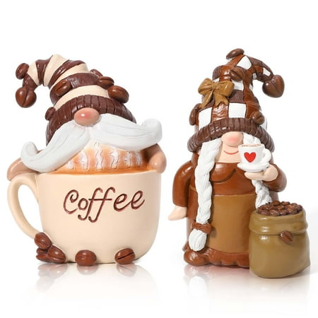 Ayieyill 2 Pack Coffee Gnomes, Coffee Bar Decor Accessories, Christmas Resin Gnome Figurines Tiered Tray Collectible Tabletop Kitchen Decorations