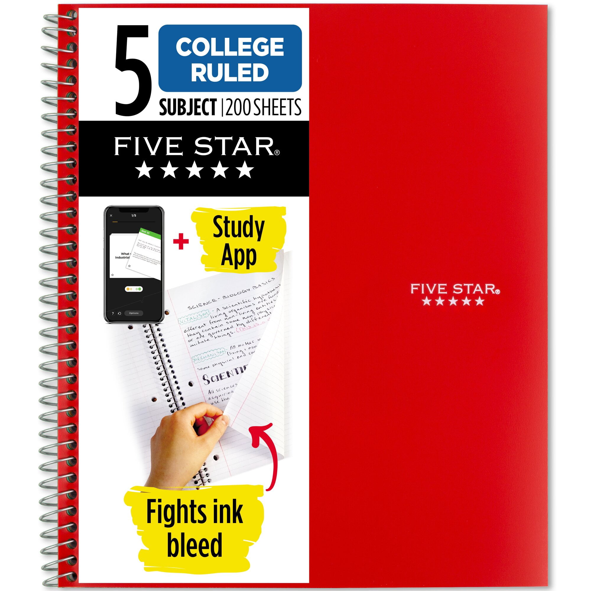 Five Star Spiral Notebook + Study App, 5 Subject, College Ruled, 8.5" x 11", Fire Red
