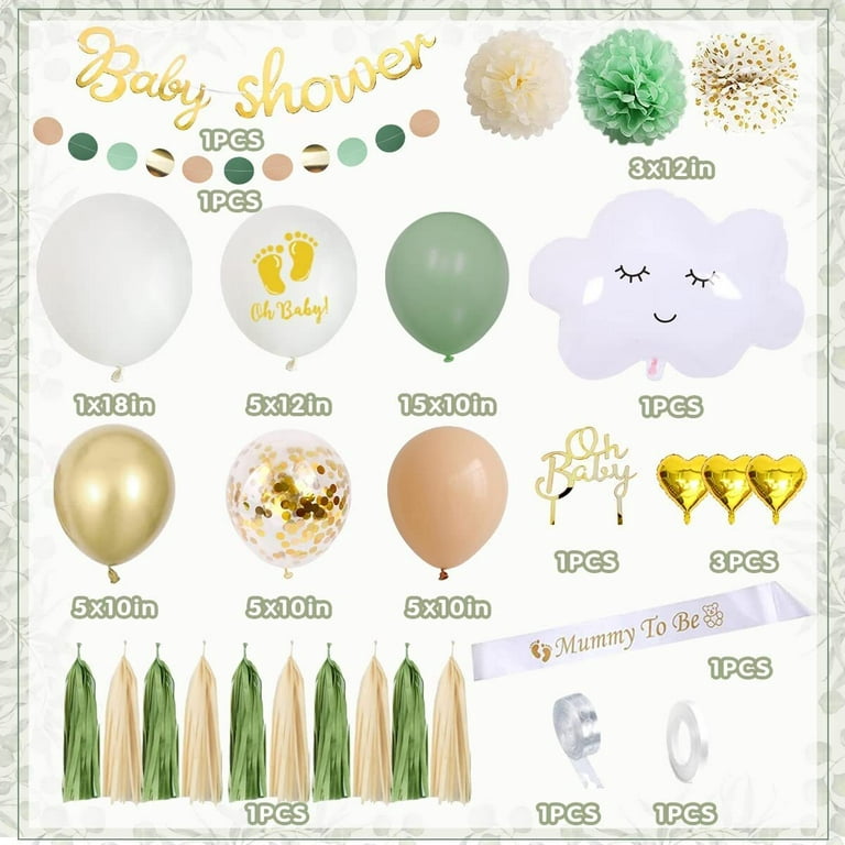MMTX Sage Green Baby Shower Decorations, Neutral Baby Shower Balloons Set,  Mummy to be Sash, Oh Baby Banner Cake Topper Tassels Paper Pom Poms for