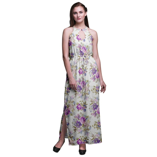 Bimba Robe Maxi à Imprimé Floral pour Femmes, Col Rond, Taille Élastique, avec Fentes Latérales, Tenue d'Été - Grande Taille