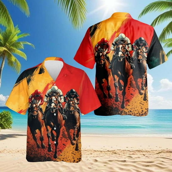 Rustic Racing Horse Hawaiian Shirt for Men, Button Down Summer Beach Short Sleeve, S-5XL