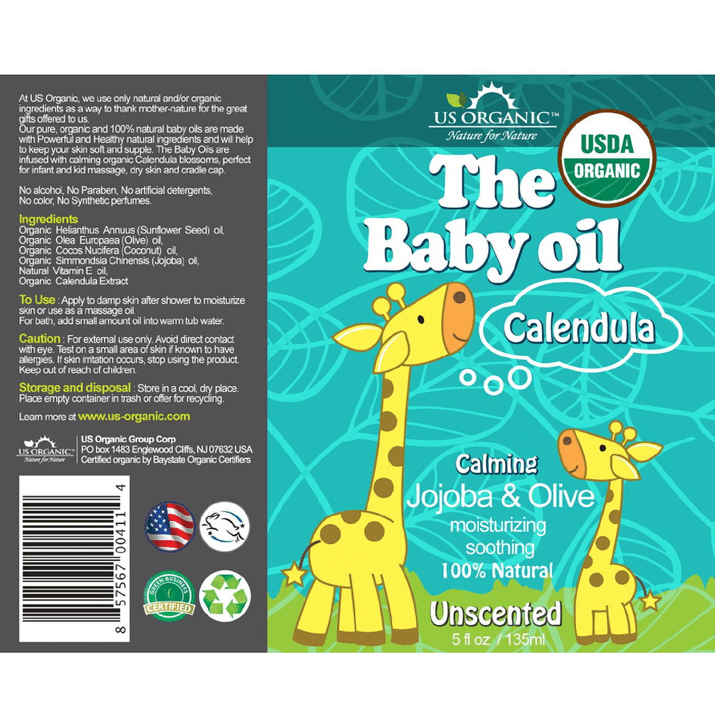 US Organic, The Baby Oil, Unscented, with Calendula, Jojoba, Olive Oil, and Vitamin E, USDA Certified Organic, 5 oz