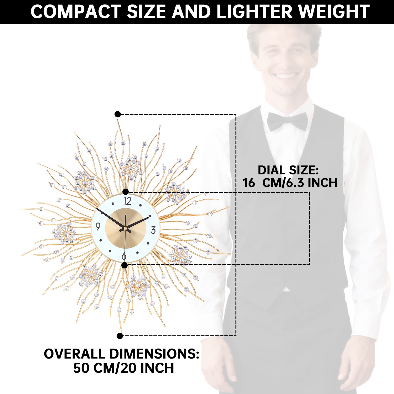 Luxury Sunburst Wall Clock with Crystal Accents - Christmas & New Year Modern Decor for Living Room, Bedroom, Office