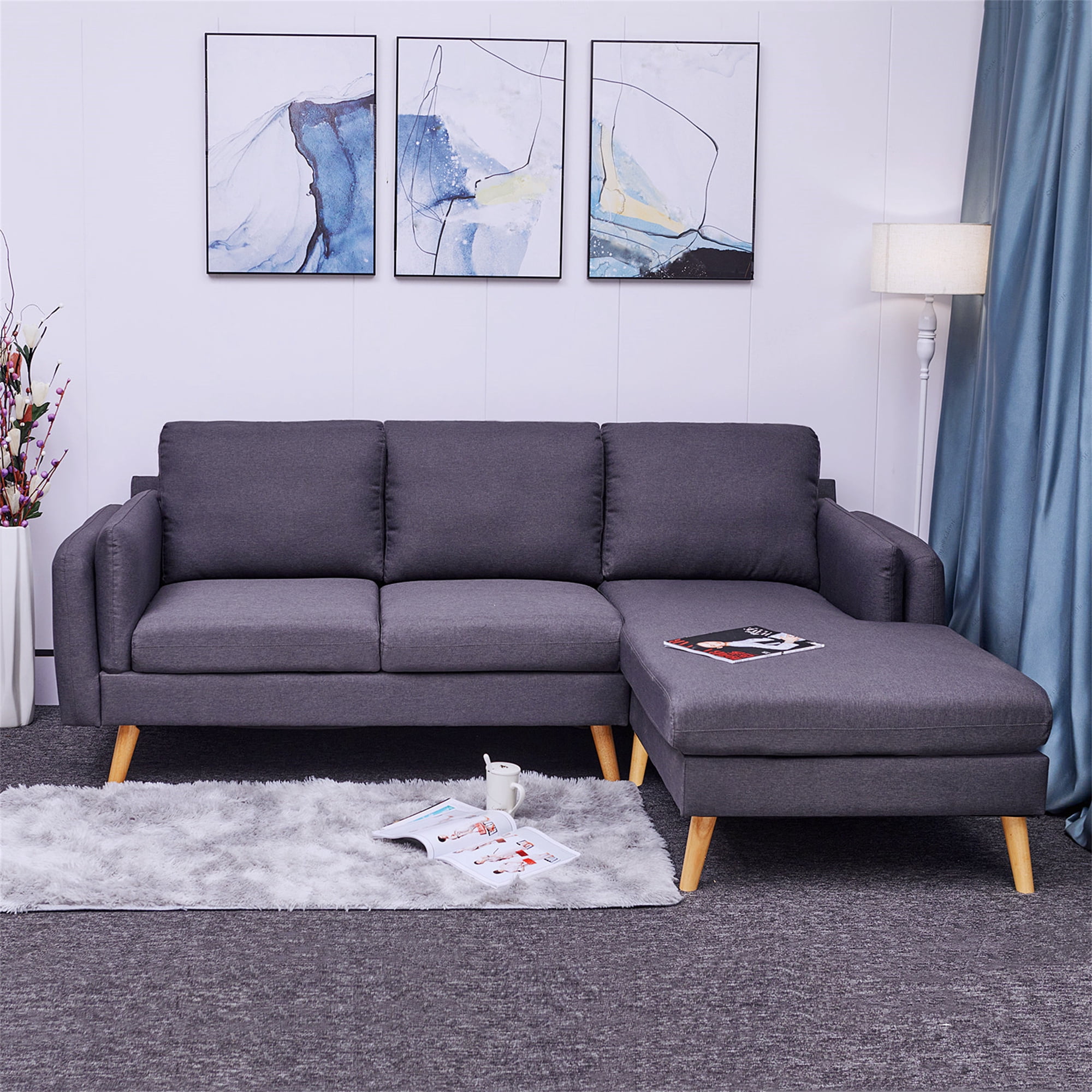 Aukfa 85" Sectional Couch Reversible L shape Sofa for Living Room, Solid Wood Legs, Linen, Gray